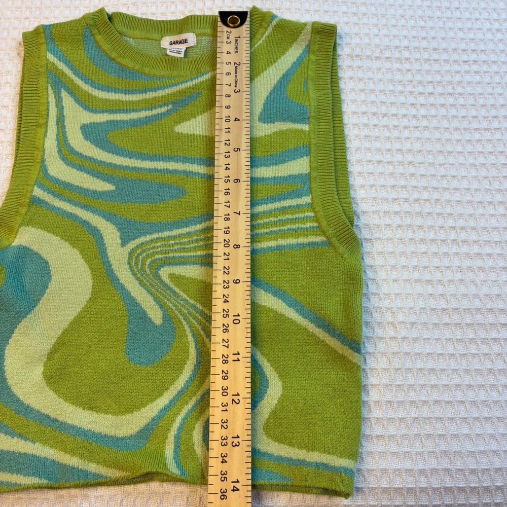 Garage Green Psychedelic Swirl Knit Sweater Vest XS Crew Neck Sleeveless Top - Picture 4 of 5